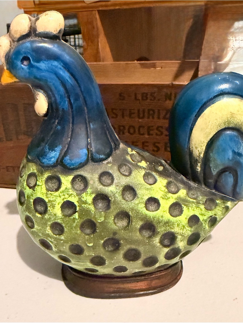Homco Hand-Painted Ceramic Rooster Figurine - Blue & Lime Green